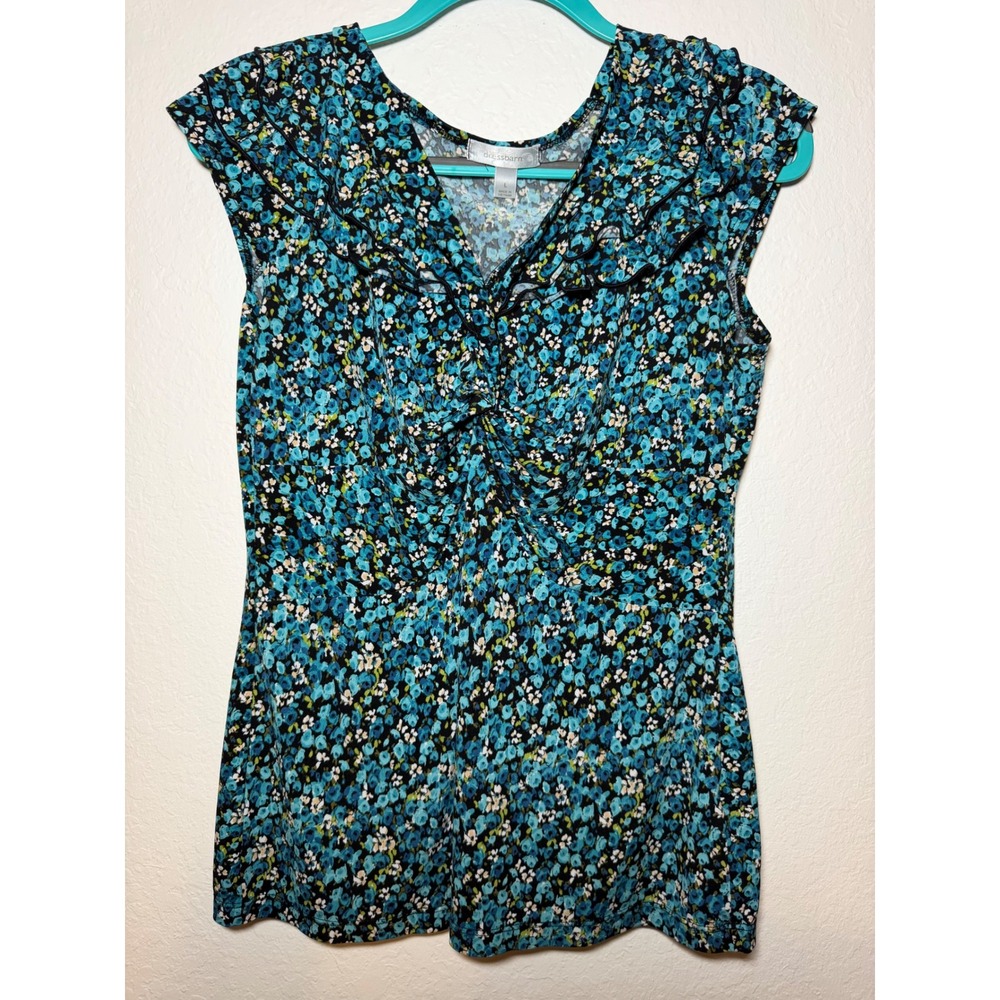 Dressbarn Blue Floral V-Neck Ruffle Cap Sleeve Blouse Top 84485 Womens L